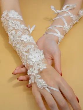 1 Pair Lace Embroidered Floral Short Wedding Bridal Gloves With Rhinestone Embellishments