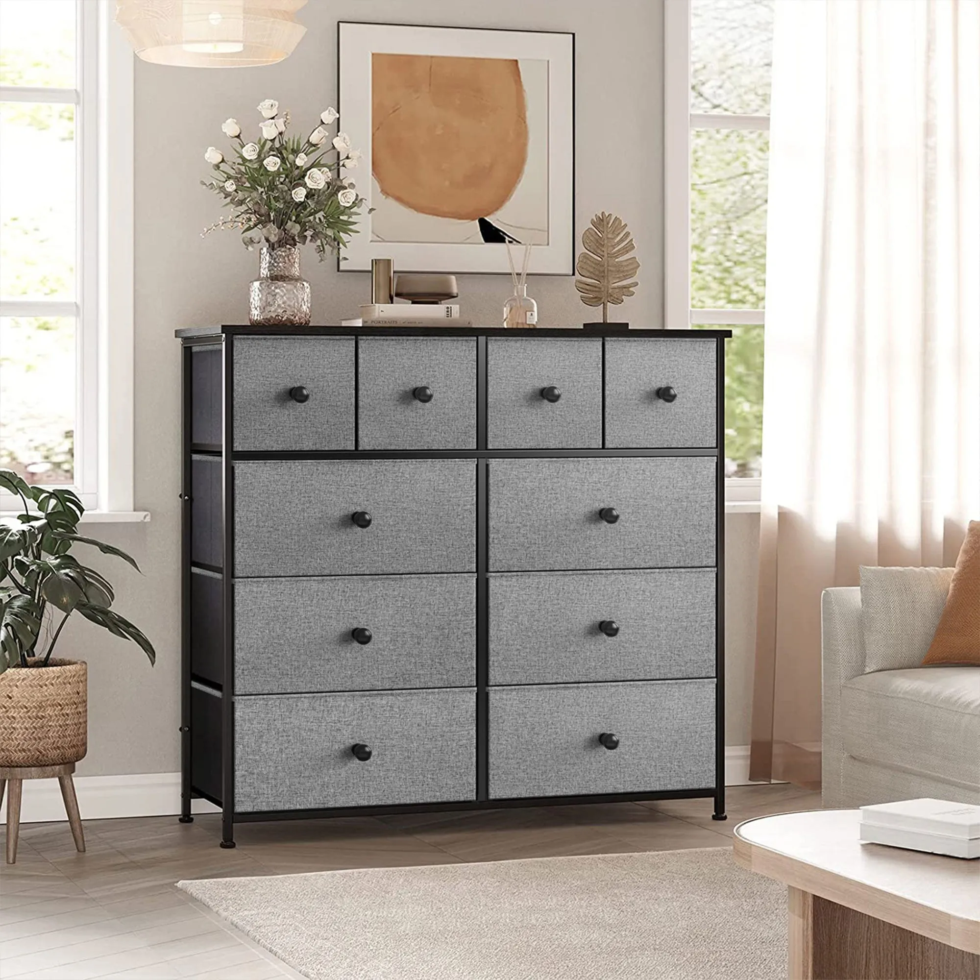 10 Drawer Steel Frame Bedroom Storage Organizer Dresser, Light Grey (Open Box)