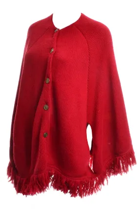 1970s Red Knit Fringe Vintage Cape Balboa Buttons