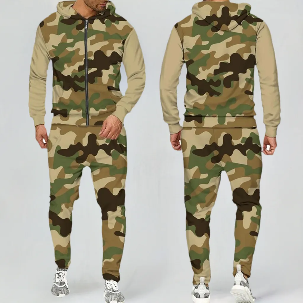 2 Pieces Sets Zipper Tracksuit Men Sweatshirt pants Hoodie Sportwear Suit Male Camouflage Joggers Winter Sets Clothes