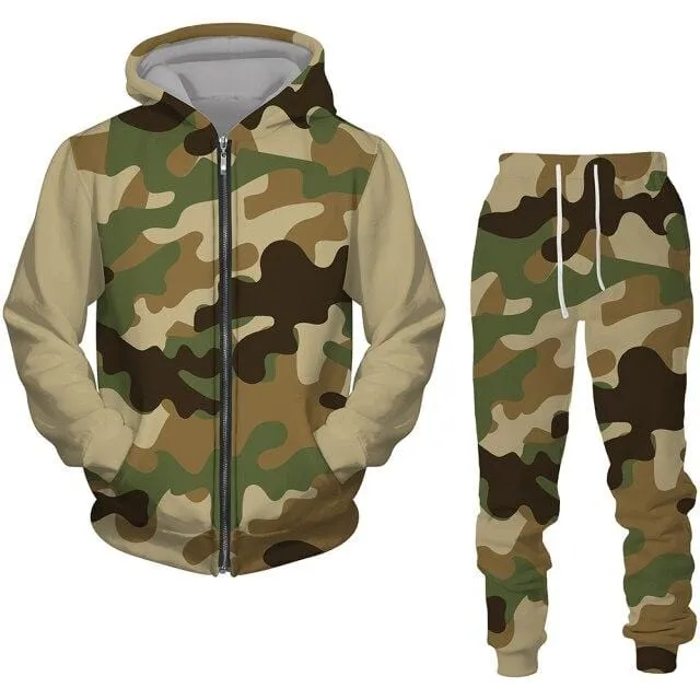 2 Pieces Sets Zipper Tracksuit Men Sweatshirt pants Hoodie Sportwear Suit Male Camouflage Joggers Winter Sets Clothes