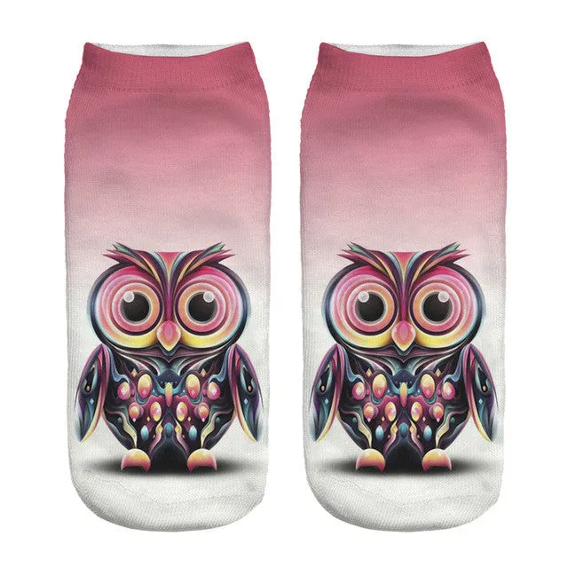 2016 New Meias Summer Autumn Harajuku Owl Socks 3D Print Animal  Women's  Low Cut Ankle Socks Cat Printed Socks