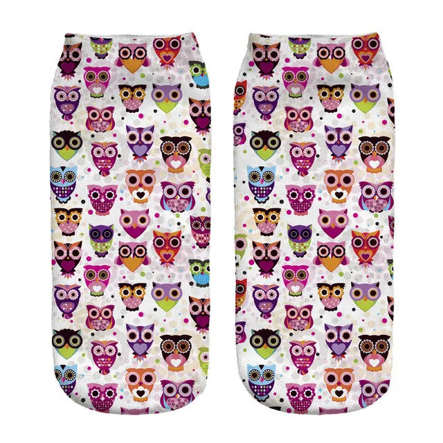 2016 New Meias Summer Autumn Harajuku Owl Socks 3D Print Animal  Women's  Low Cut Ankle Socks Cat Printed Socks