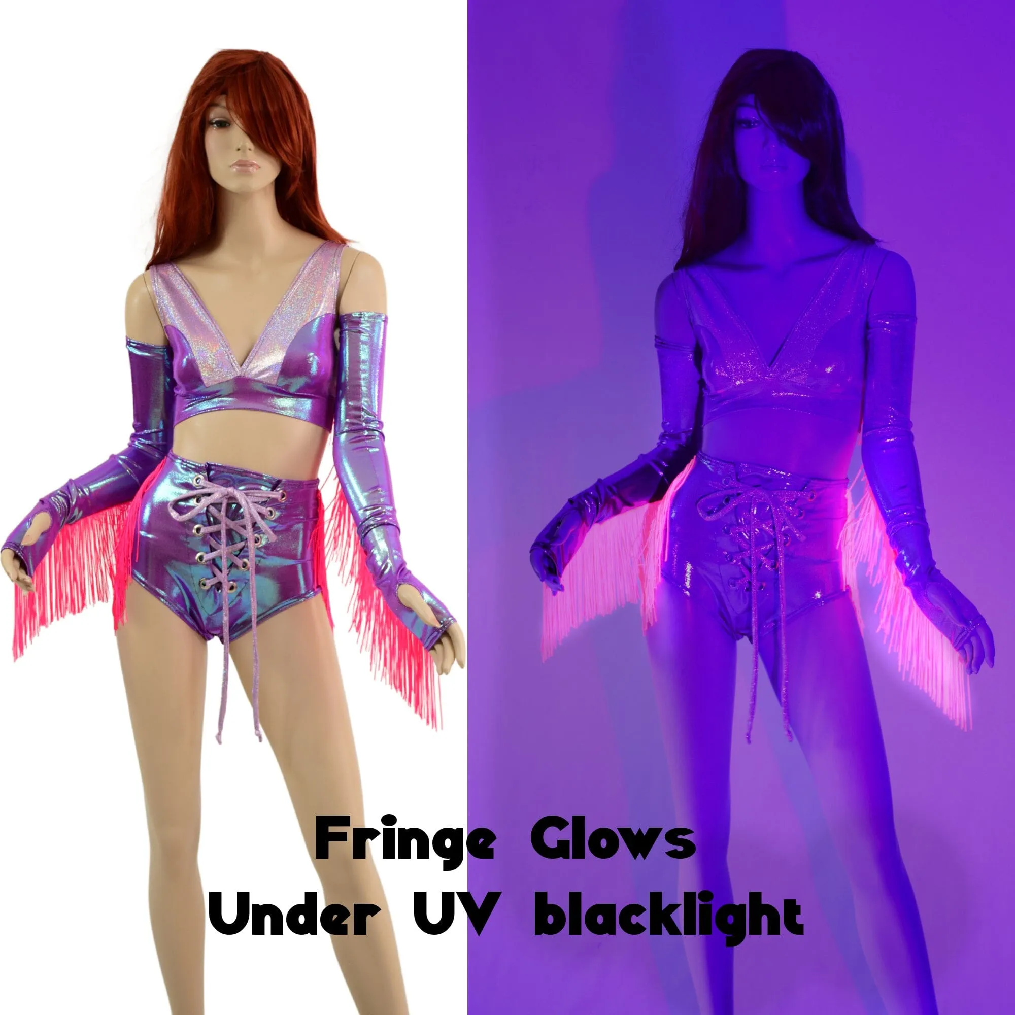 4PC Laceup Fringe Shorts, Fingerless Gloves, and Bralette Set