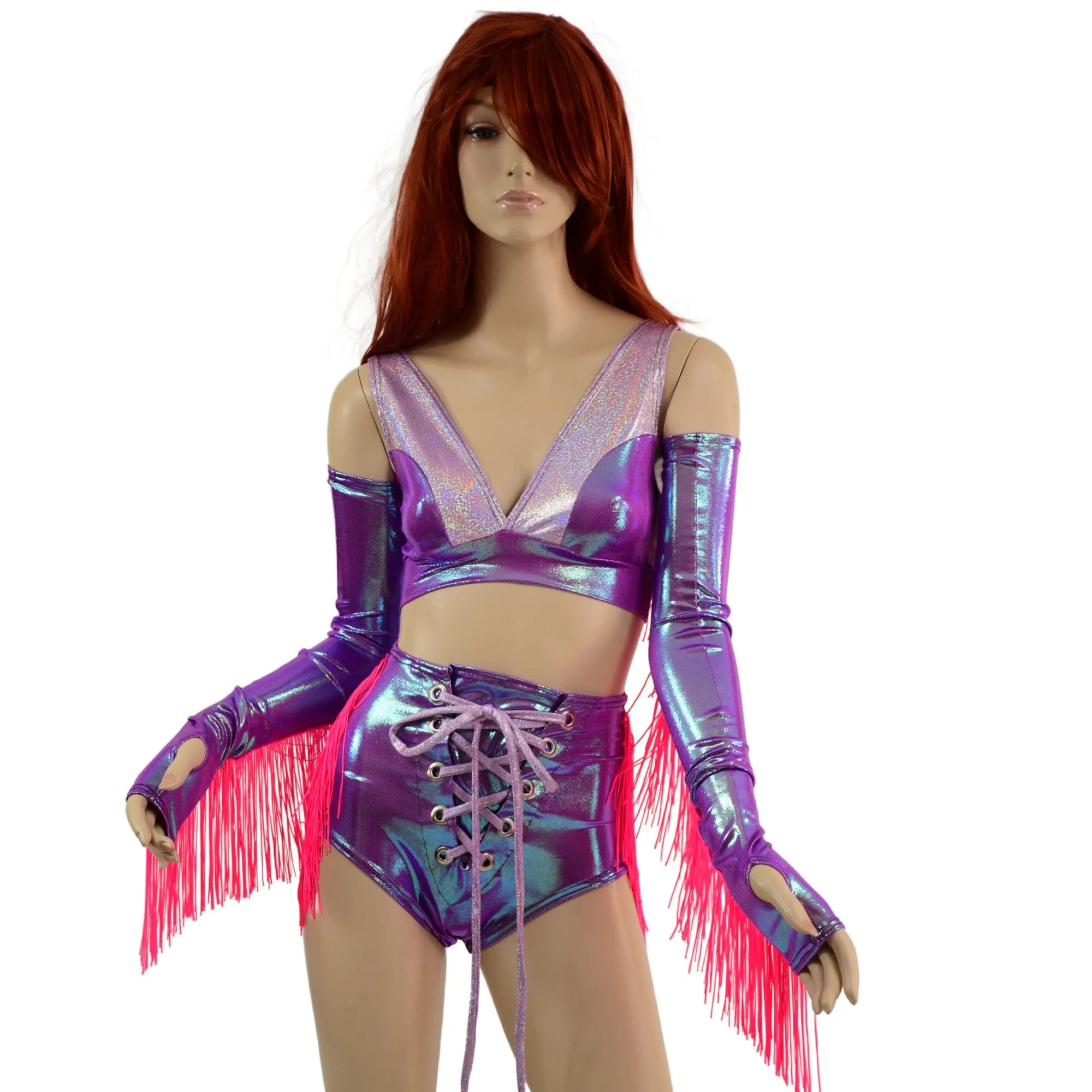 4PC Laceup Fringe Shorts, Fingerless Gloves, and Bralette Set