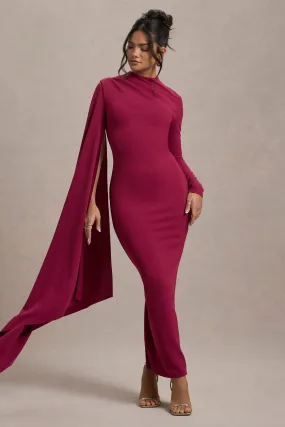 Aldona | Mulberry High-Neck Long-Sleeve Maxi Dress With Cape Sleeve