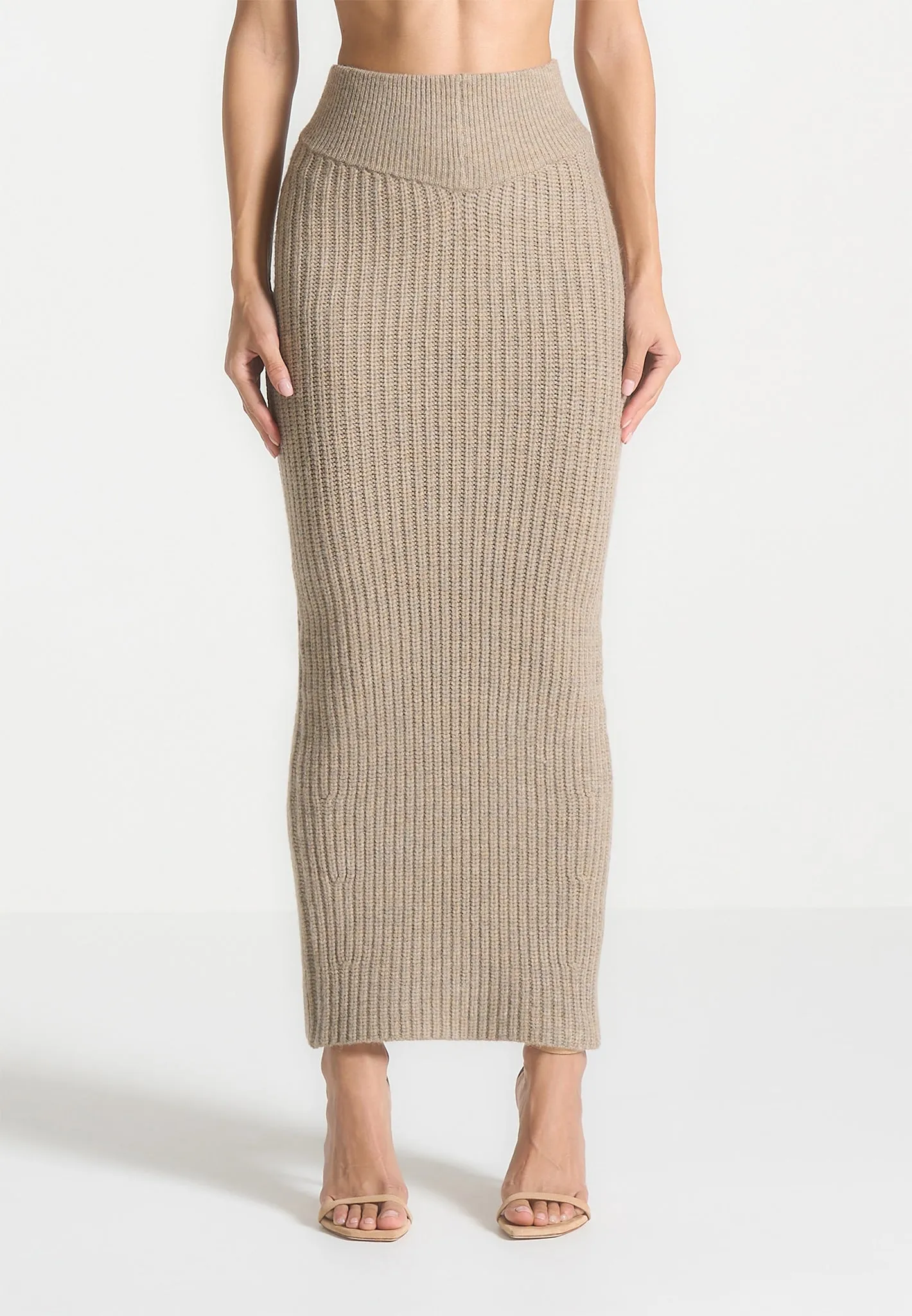 Angled Waist Knit Maxi Skirt - Beige Marl