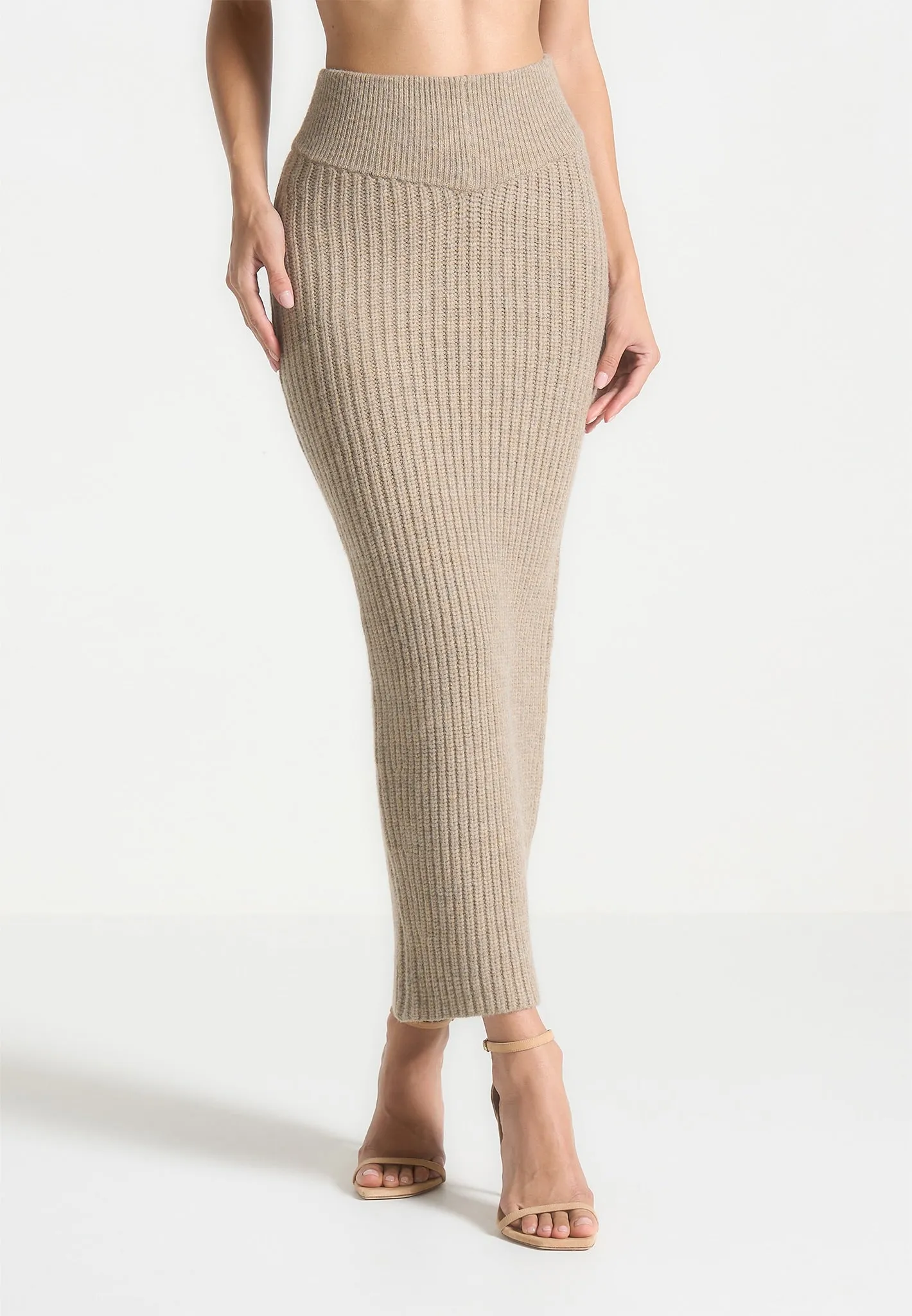 Angled Waist Knit Maxi Skirt - Beige Marl