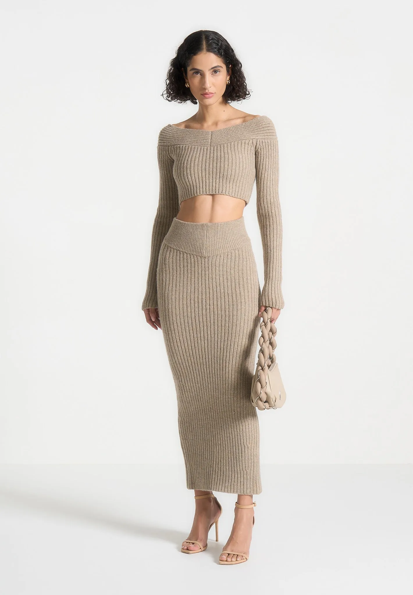 Angled Waist Knit Maxi Skirt - Beige Marl