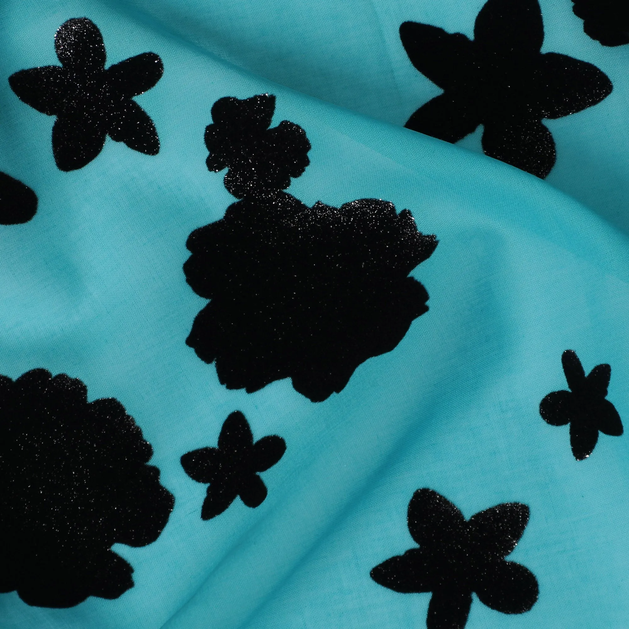 Aqua Blue Premium Swiss Cotton Voile Fabric with Black Floral Flock - Traditional Thobe Material, 140 cm Wide-D20211