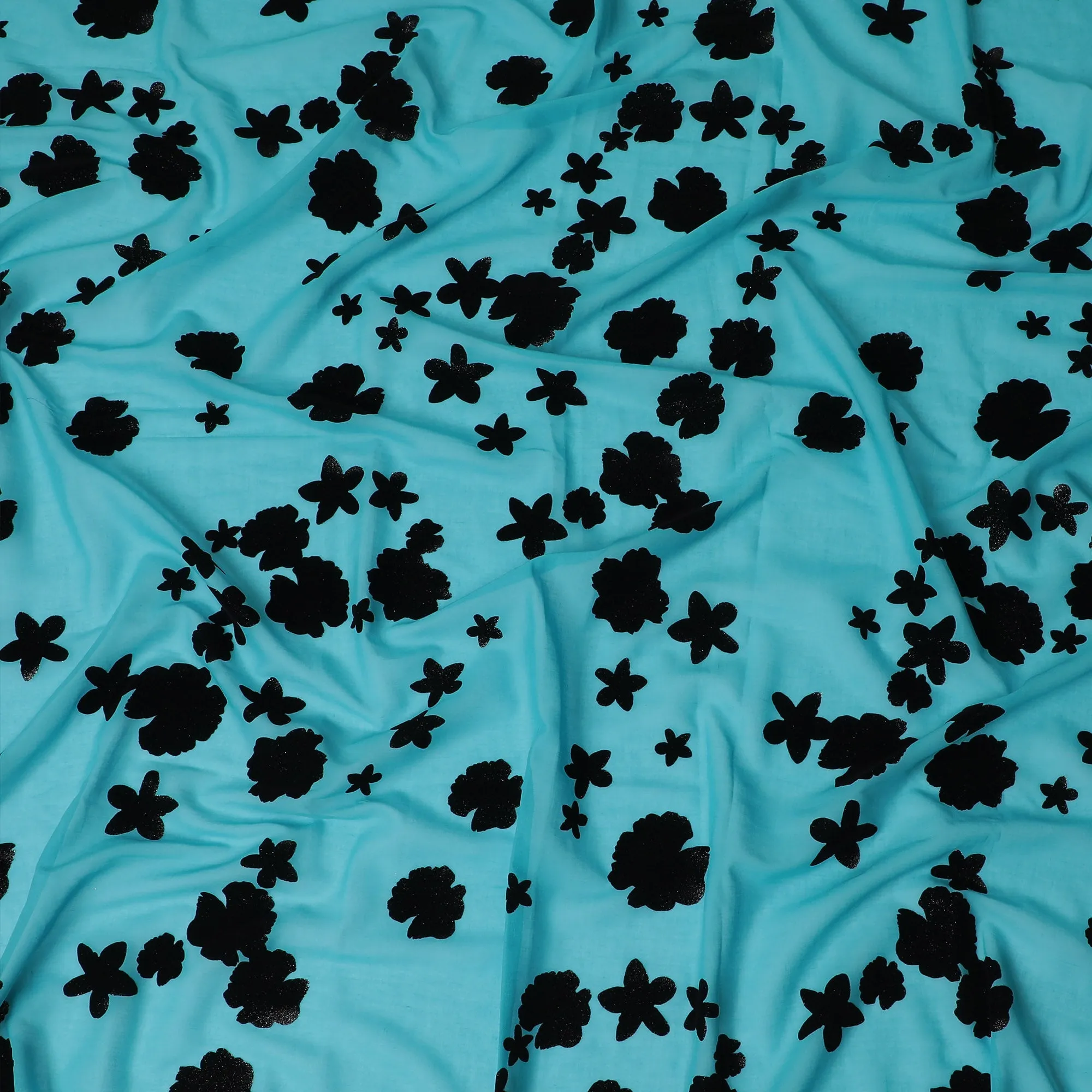 Aqua Blue Premium Swiss Cotton Voile Fabric with Black Floral Flock - Traditional Thobe Material, 140 cm Wide-D20211