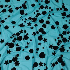 Aqua Blue Premium Swiss Cotton Voile Fabric with Black Floral Flock - Traditional Thobe Material, 140 cm Wide-D20211