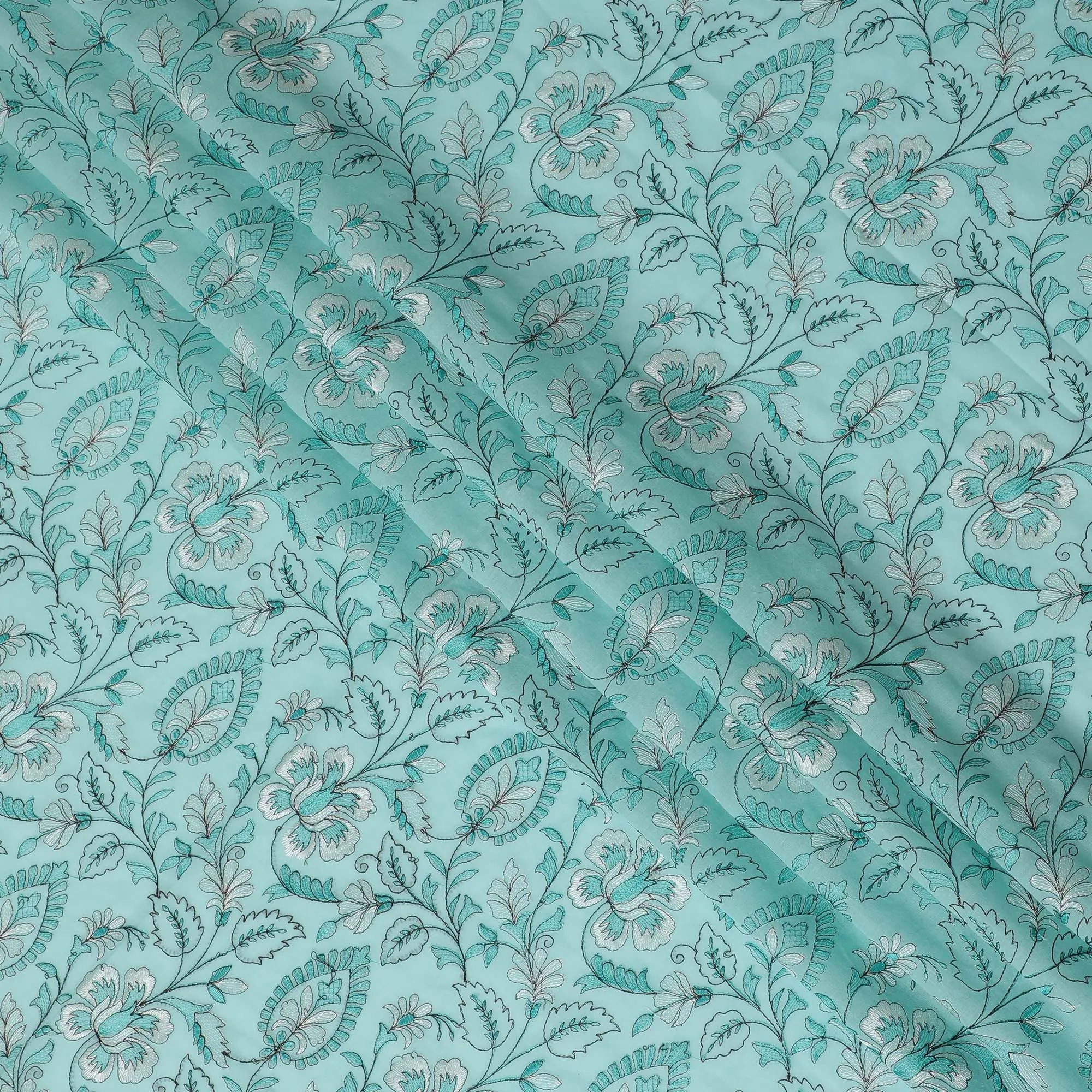 Aqua Elegance Embroidered Cotton Lawn Fabric - Tranquil Blue with White Florals, 110cm Width-D18753