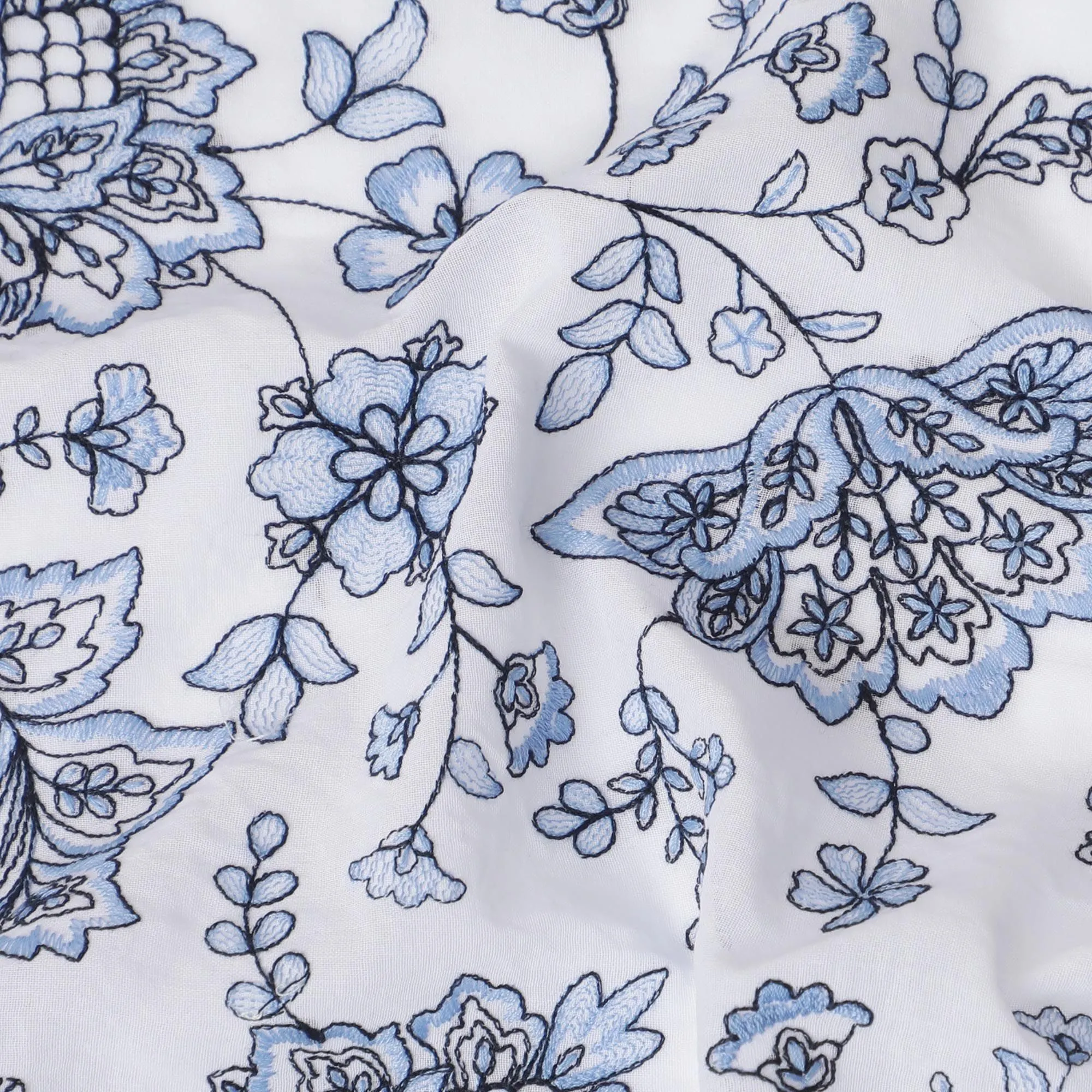 Azure Botanic Embroidered Cotton Voile Fabric - 110cm Width-D17558