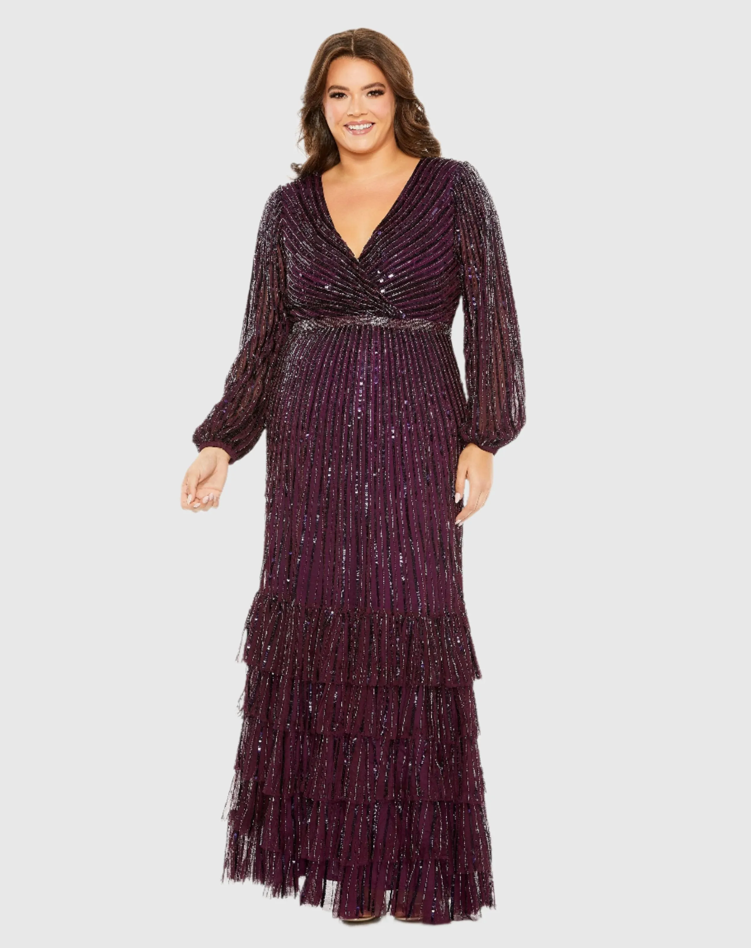 Beaded Faux Wrap Puff Sleeve Ruffle Tiered Gown