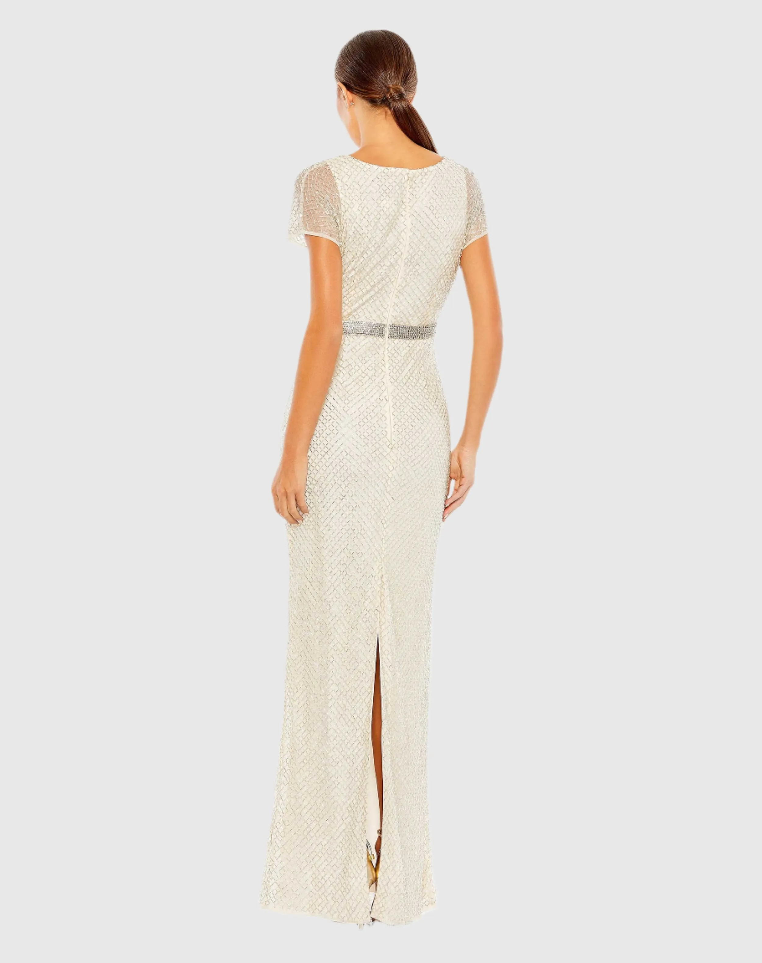 Beaded Short Sleeve Column Gown