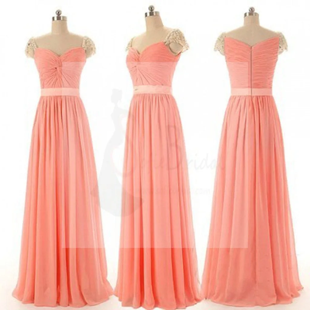 Beautiful Beading Cap Sleeve Sweet Heart Chiffon Inexpensive Long Bridesmaid Dresses, Simple Cheap Prom Dress, WG14