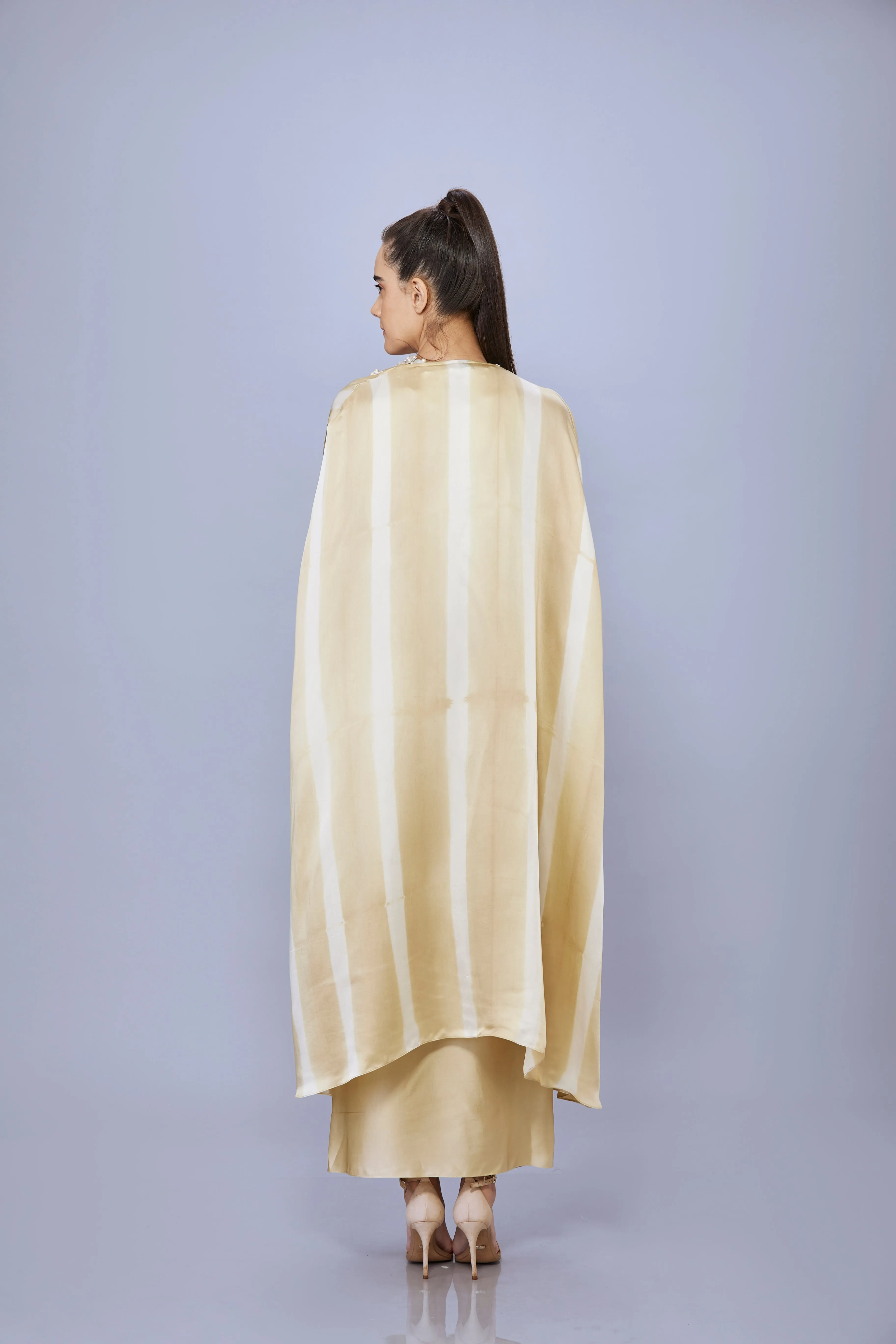 Beige gold tye dye cape with pearl embroidery