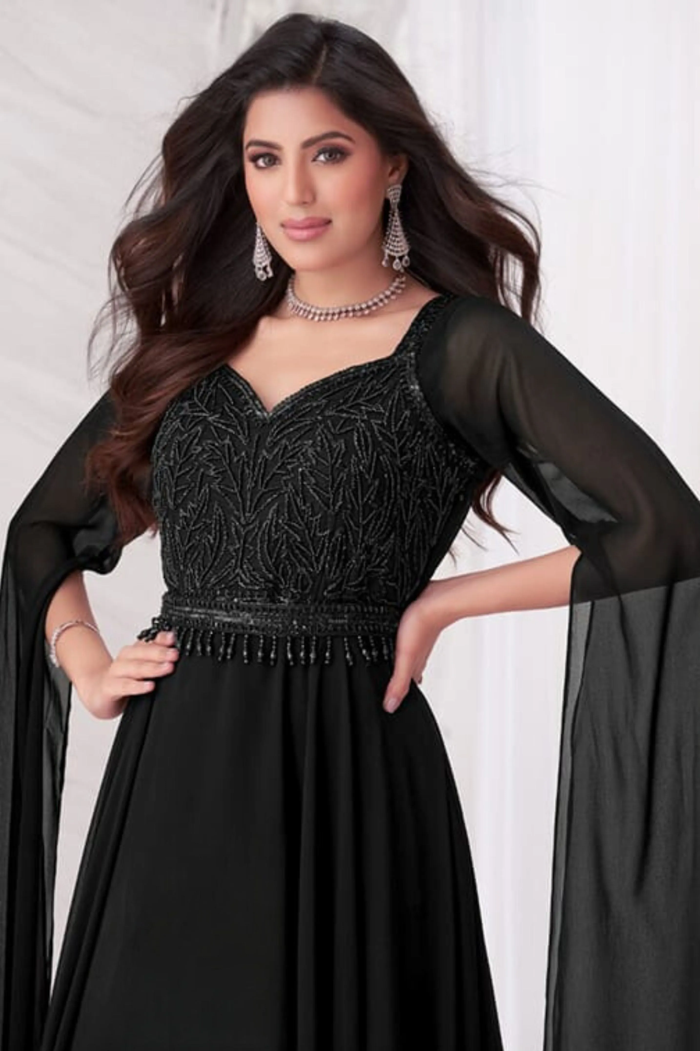 Black Embellished Swiss Georgette Silk Cape Lehenga Set