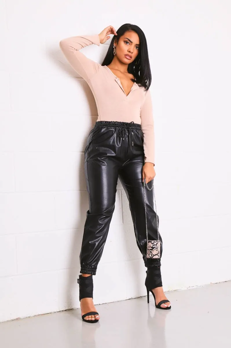 Black Faux Leather Drawstring Waist Joggers - Persia