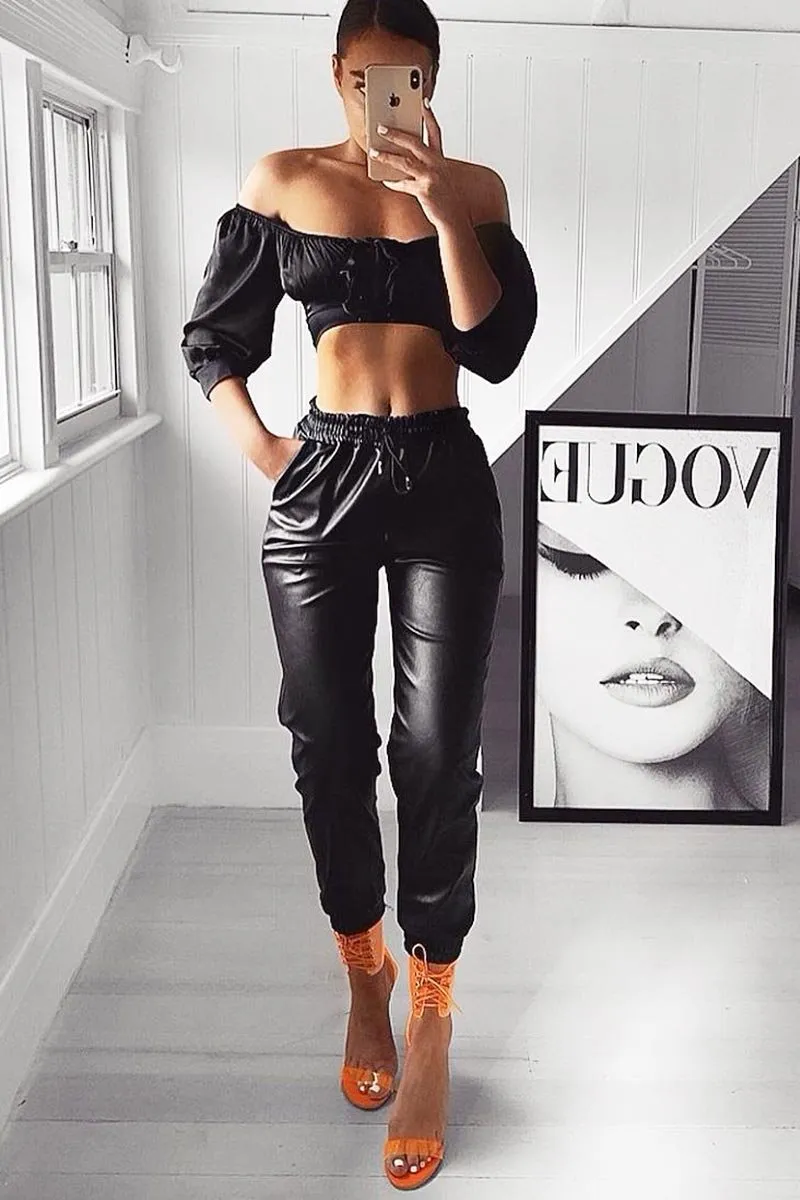 Black Faux Leather Drawstring Waist Joggers - Persia