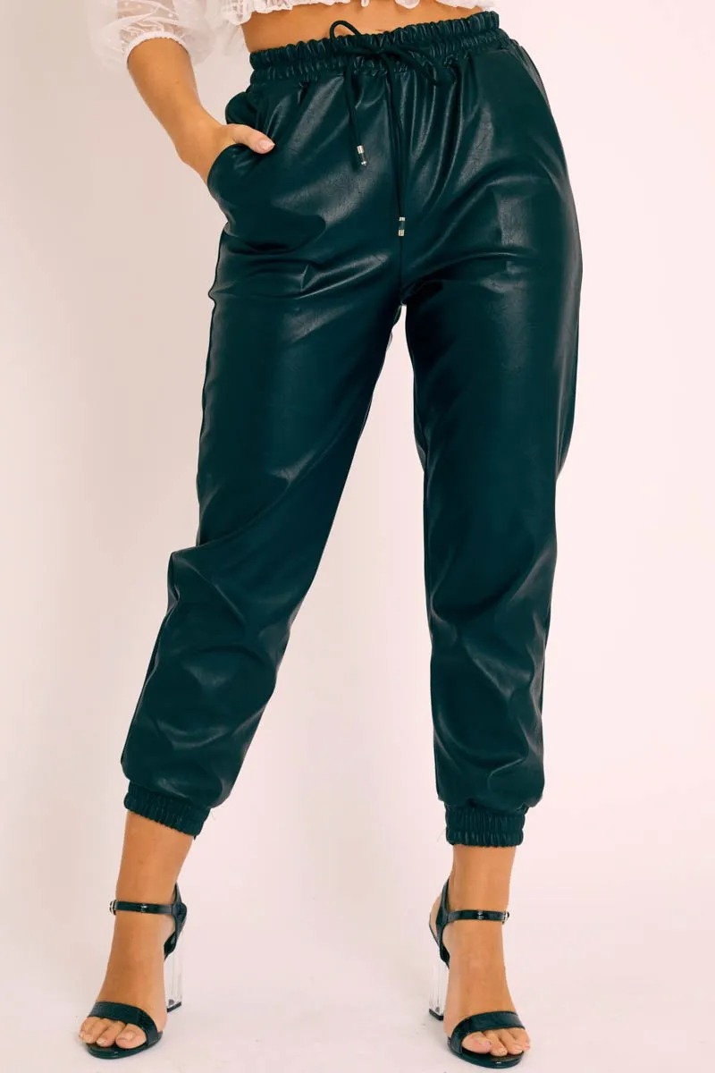 Black Faux Leather Drawstring Waist Joggers - Persia