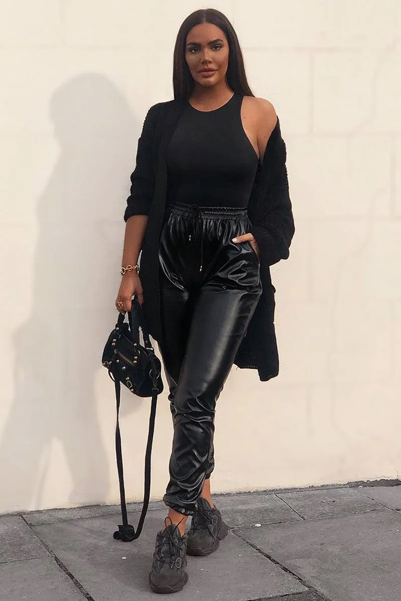 Black Faux Leather Drawstring Waist Joggers - Persia