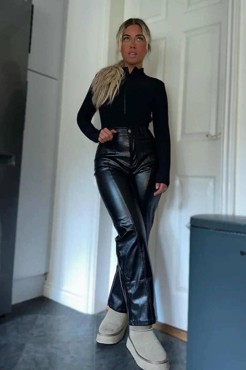 Black Faux Leather Straight Leg Trousers - Arabella