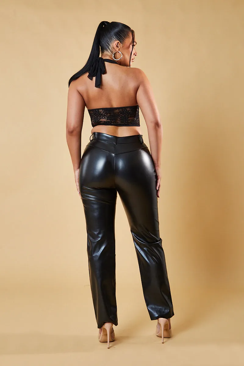 Black Faux Leather Straight Leg Trousers - Arabella