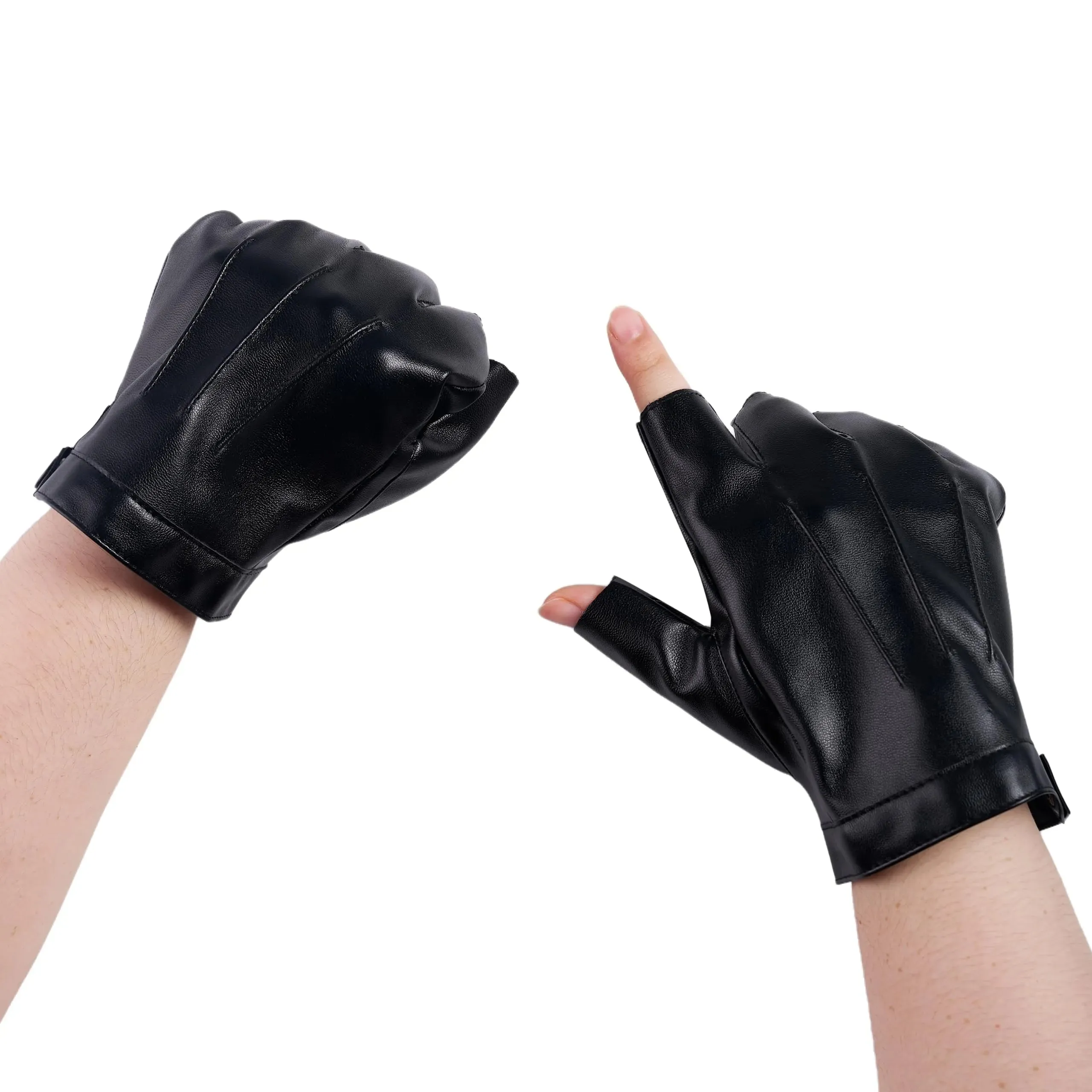 Black Fingerless Driving Gloves, Halloween PU Faux Leather Gloves