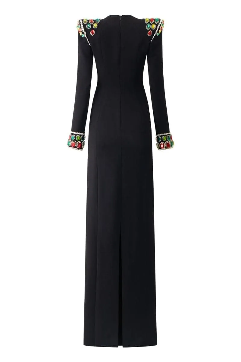 BLACK LONG SLEEVE STONE EMBELLISHED SHOULDER DRESS