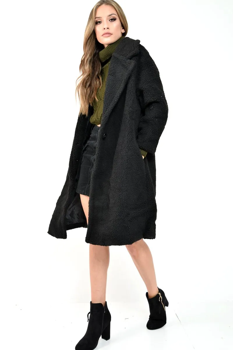 Black Teddy Long Double Breasted Coat - Miriam