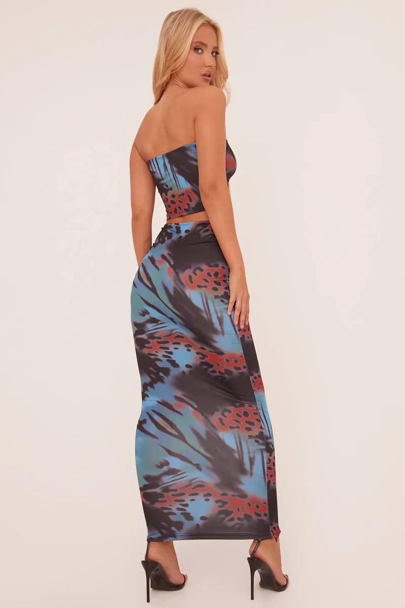 Blue Abstract Print Cropped Top & Maxi Skirt Co-ord Set - Ellabeth