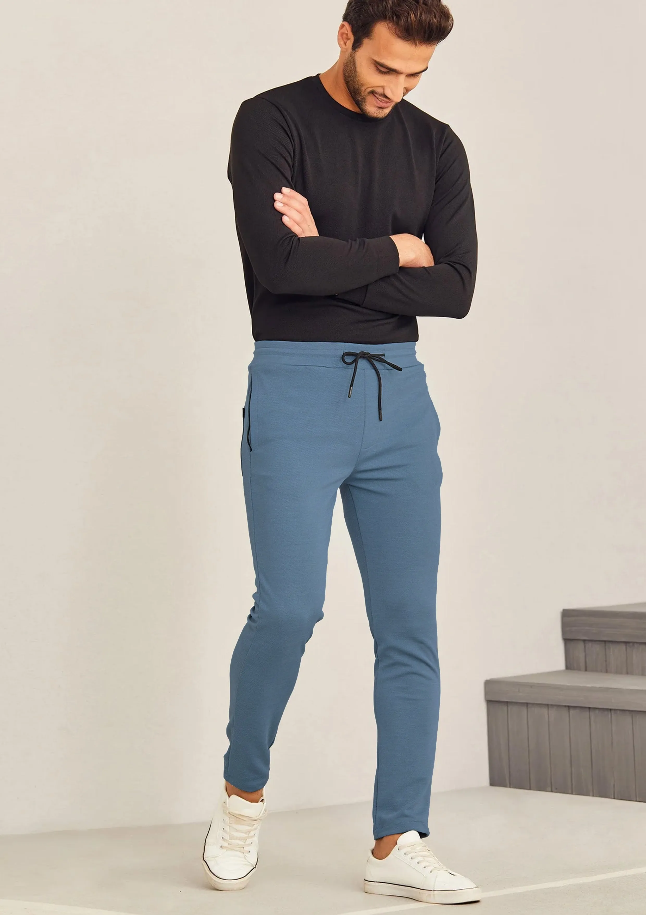 Blue Textured 4-Way Stretch Track Pant