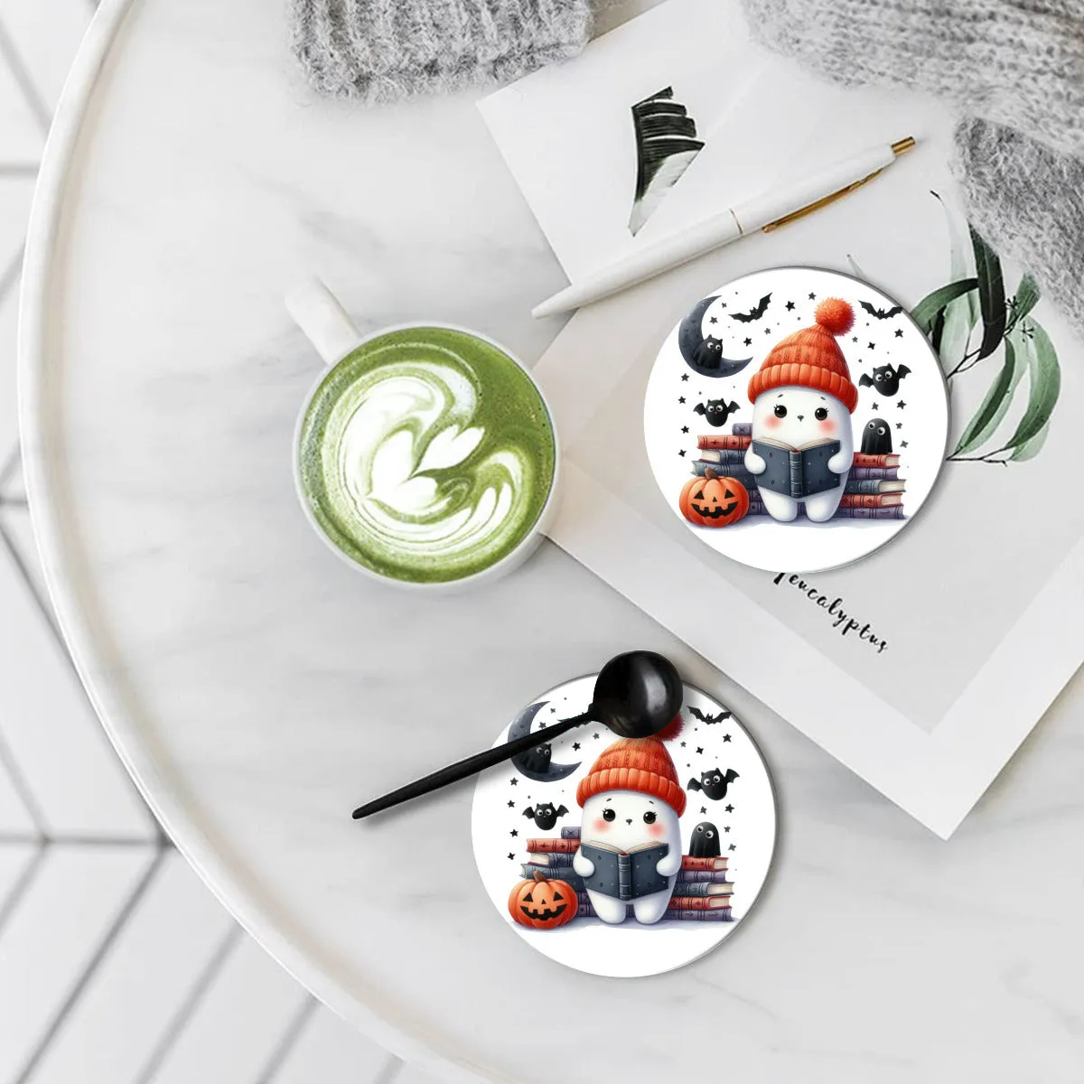 Book Reading Ghost Ceramic Coasters