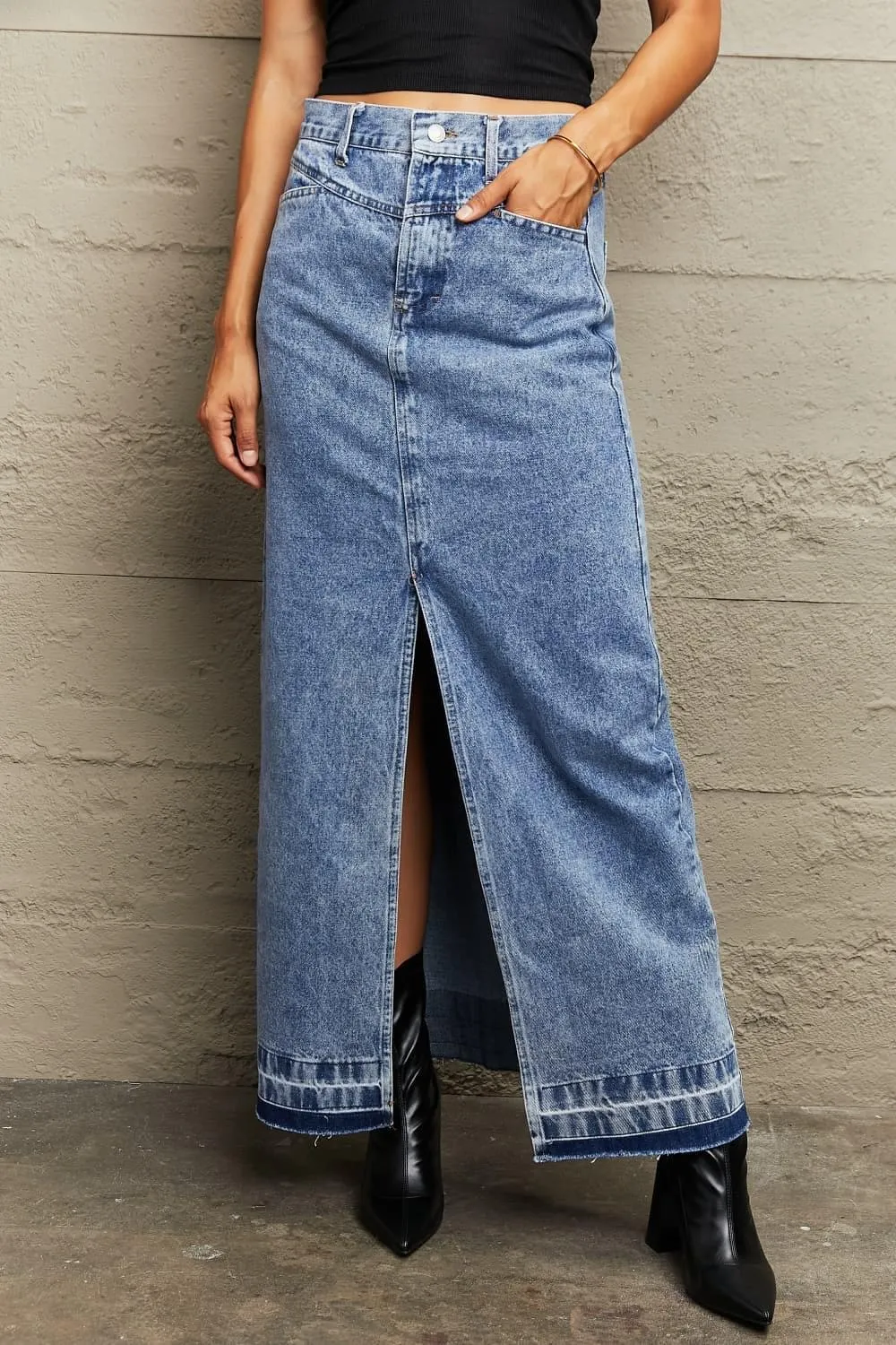 Breah Front Slit Maxi Denim Skirt