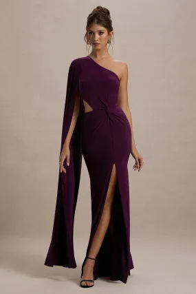 Brona | Plum One-Shoulder Cape-Sleeve Split Maxi Dress