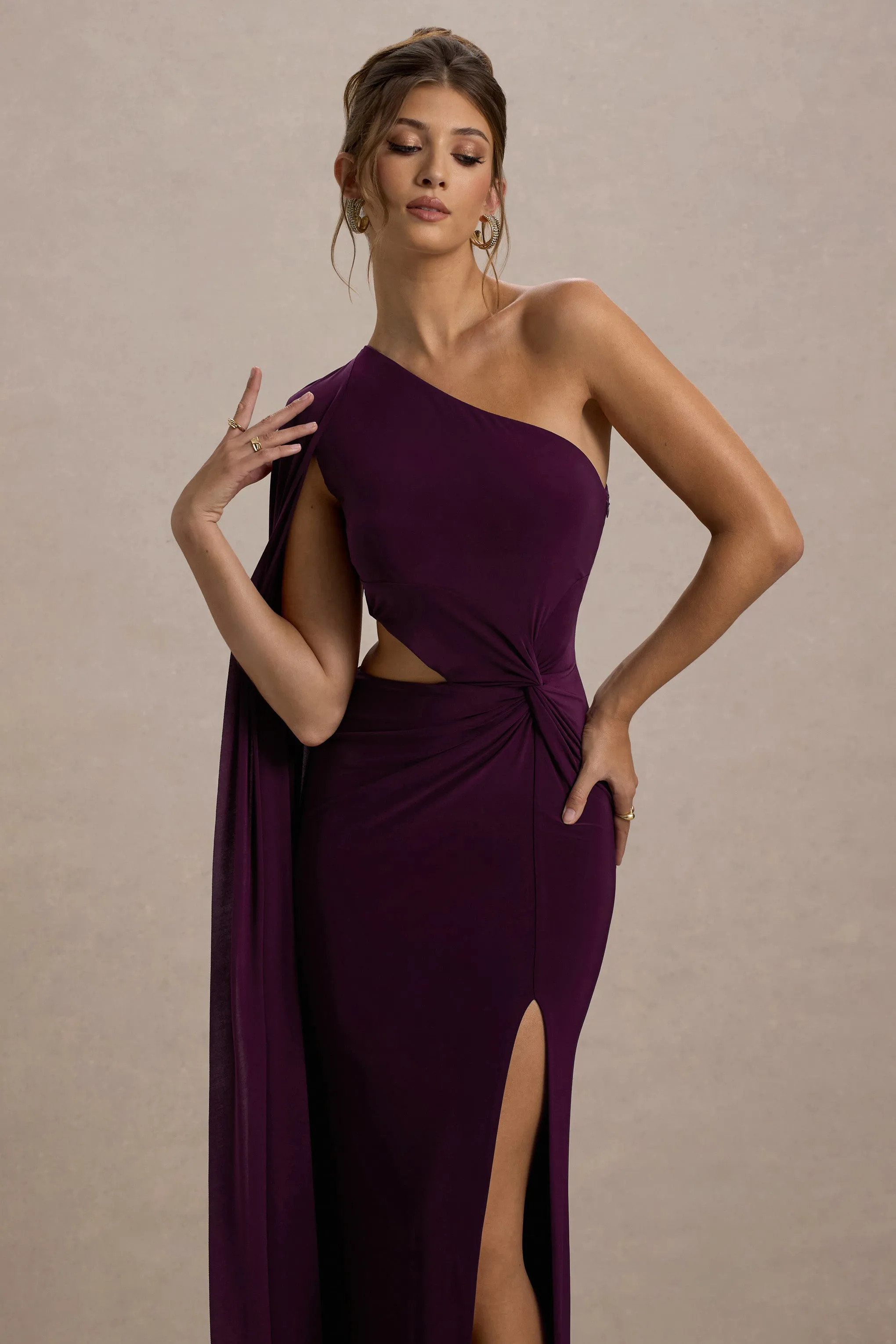 Brona | Plum One-Shoulder Cape-Sleeve Split Maxi Dress