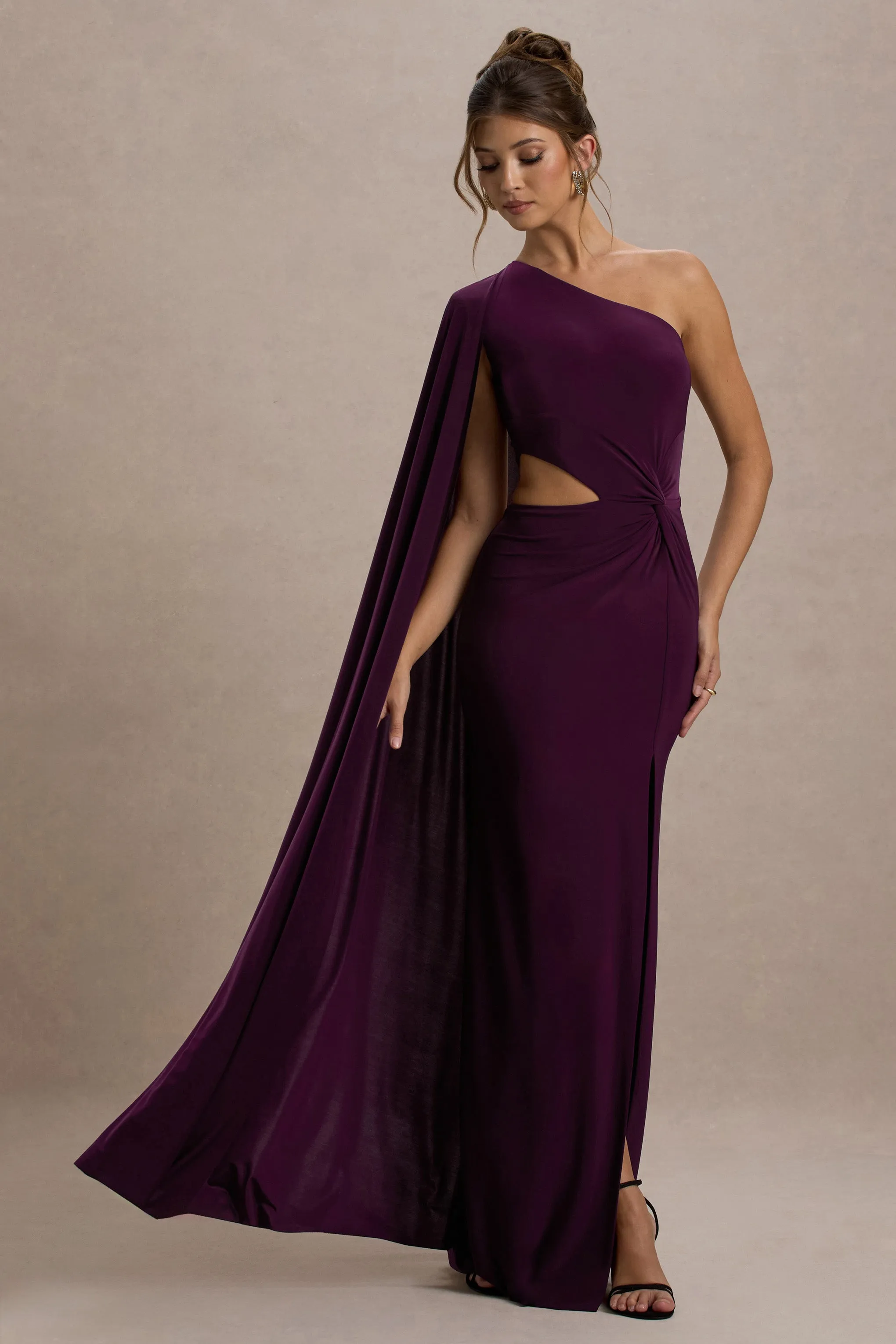 Brona | Plum One-Shoulder Cape-Sleeve Split Maxi Dress