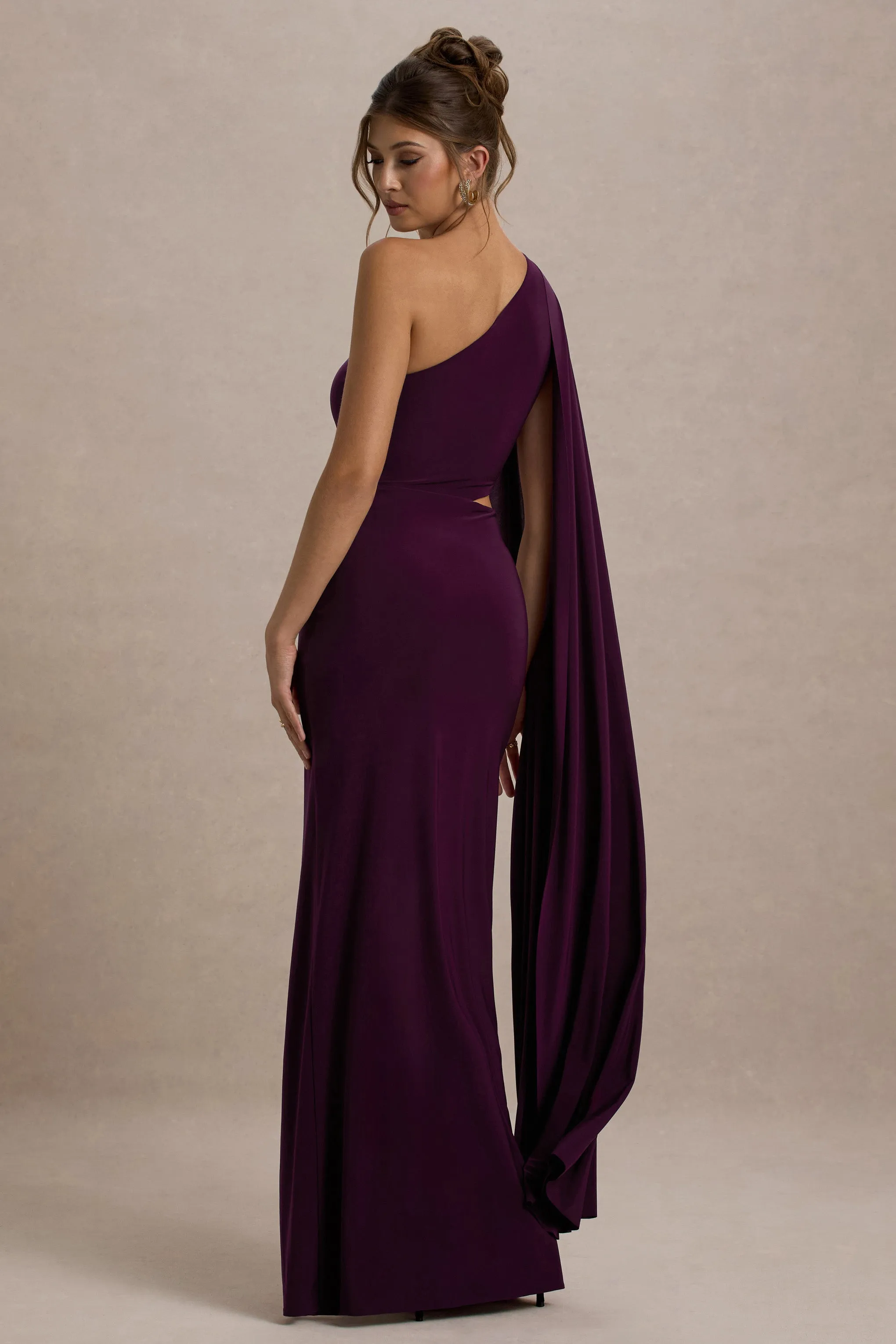 Brona | Plum One-Shoulder Cape-Sleeve Split Maxi Dress