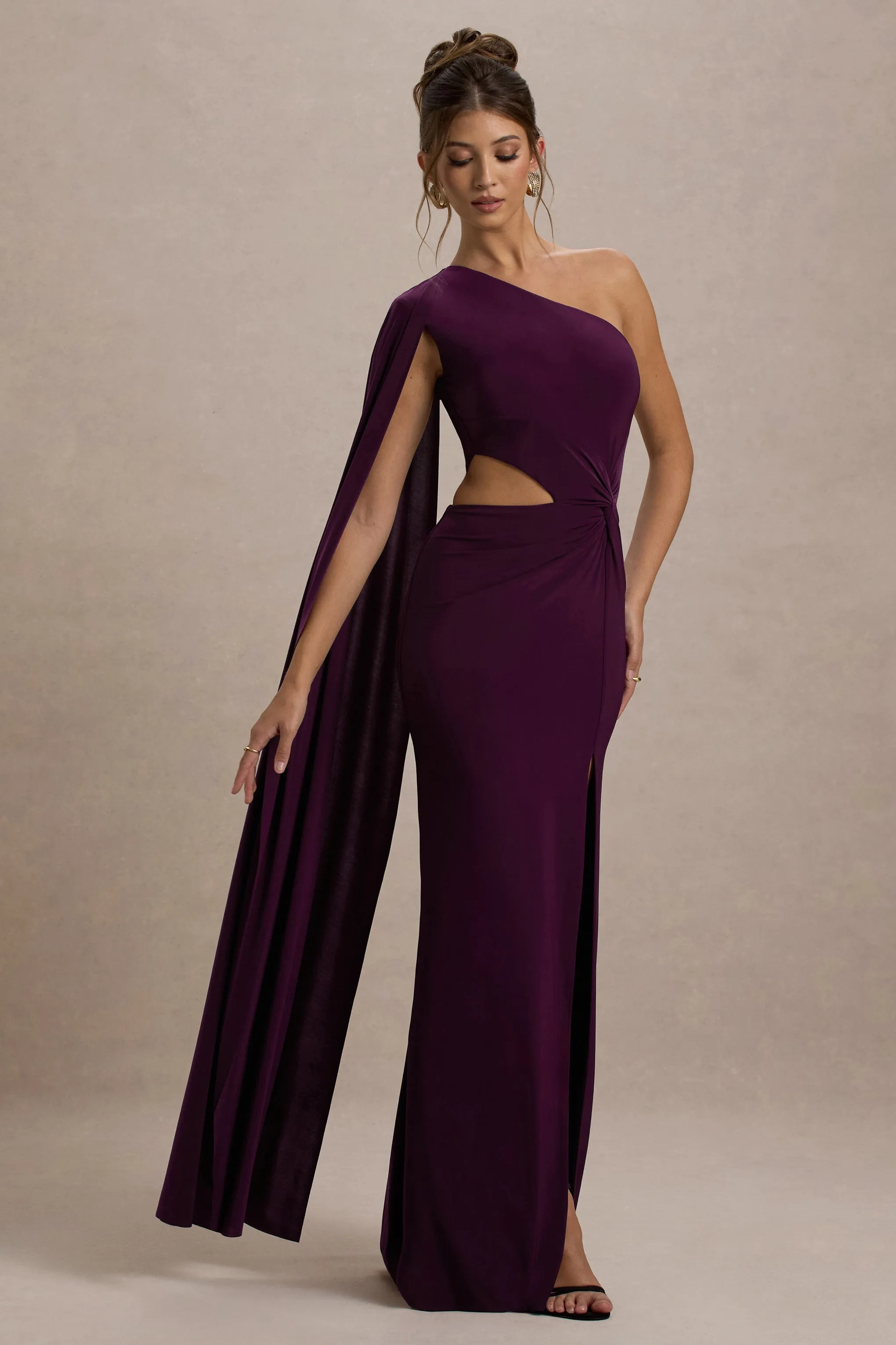 Brona | Plum One-Shoulder Cape-Sleeve Split Maxi Dress