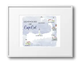 Cape Cod Map Lighthouses Art Print