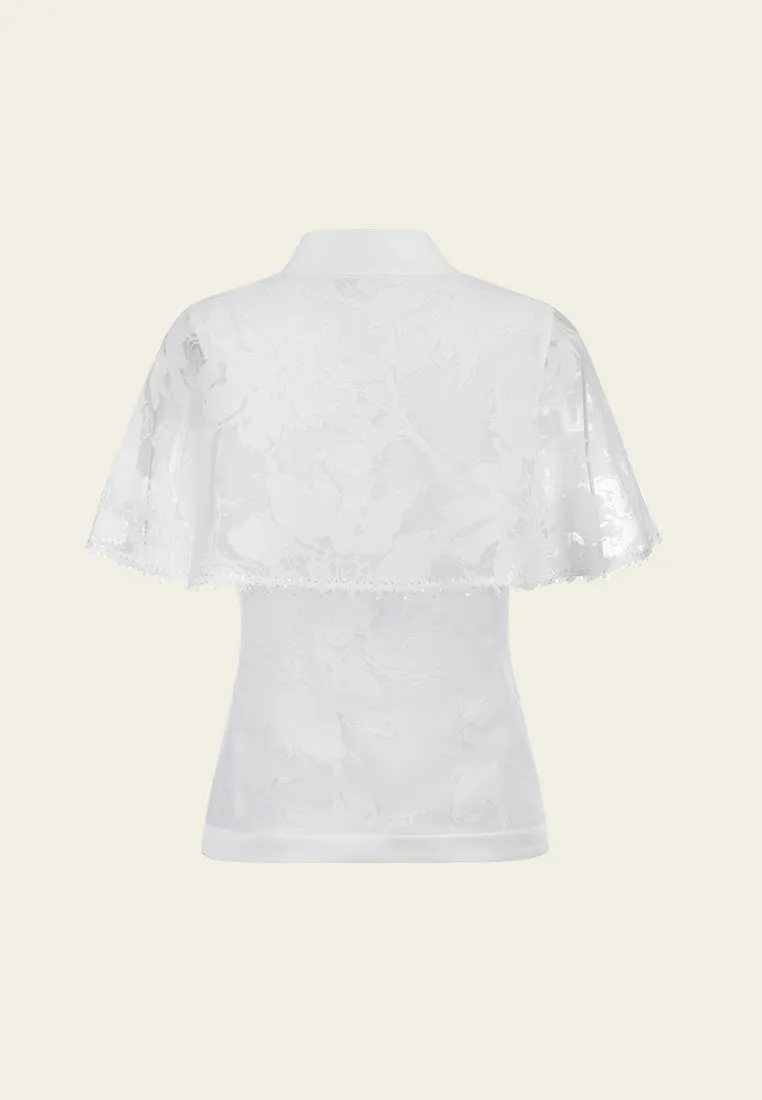 Cape-detail Floral-pattern Jacquard Mesh Top