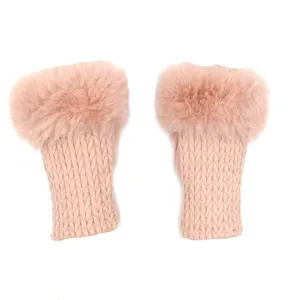 Cashmere Blend Fur Trimmed Fingerless Gloves - Pink