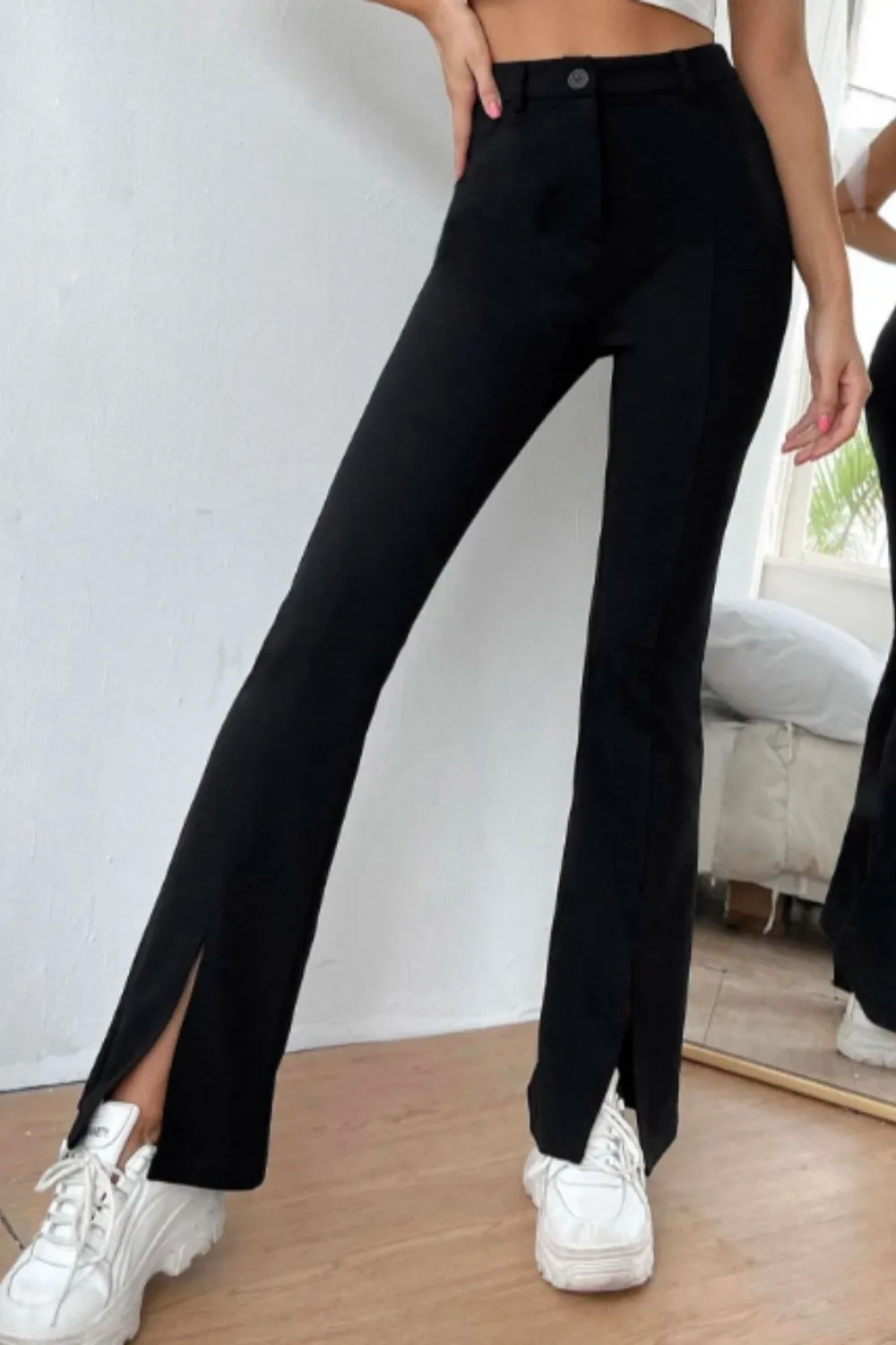 Centre Slit Hem Flare Leg Trousers