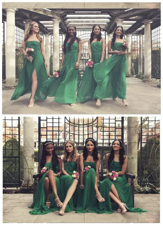 Cheap Charming Split Side Straight  Across Green Chiffon Pleating Long Wedding Guest Bridesmaid Dresses, WG57