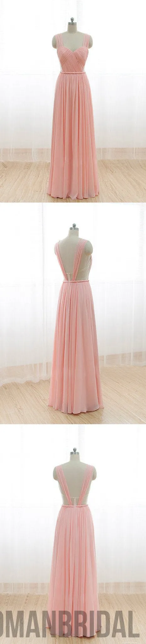 Cheap Junior Long Chiffon Pink Off Shoulder Sweet Heart Open Back Bridesmaid Dresses, WG21