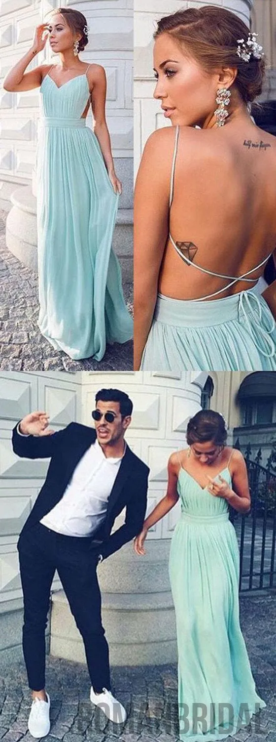 Cheap Simple Chiffon Open Back Cheap Tiffany Blue Prom Dress, Sexy Long Wedding Party Dresses, WG50