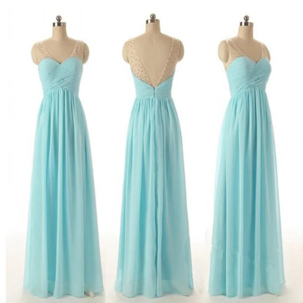 Cheap Simple Junior Strapless Sweetheart Blue Chiffon A-line Floor-Length Wedding Party Bridesmaid Dresses , WG56