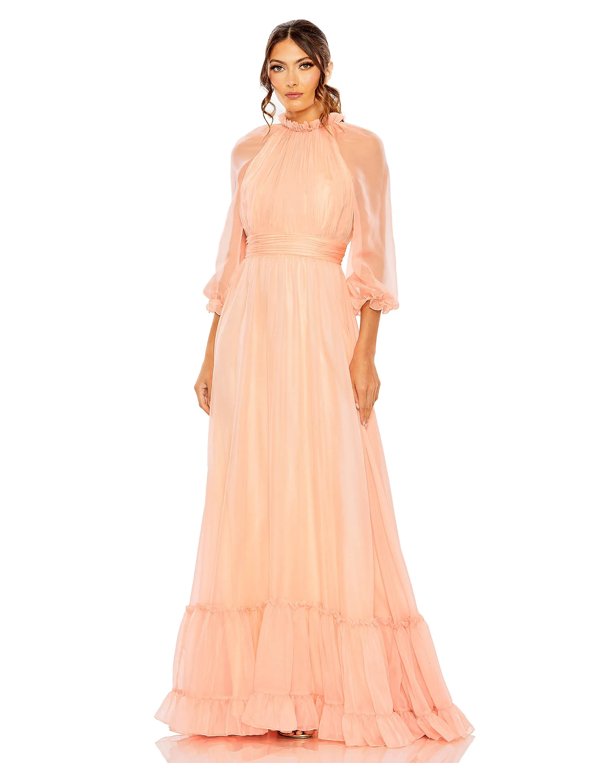 Chiffon Ruched Illusion Raglan Sleeve Ruffled Gown